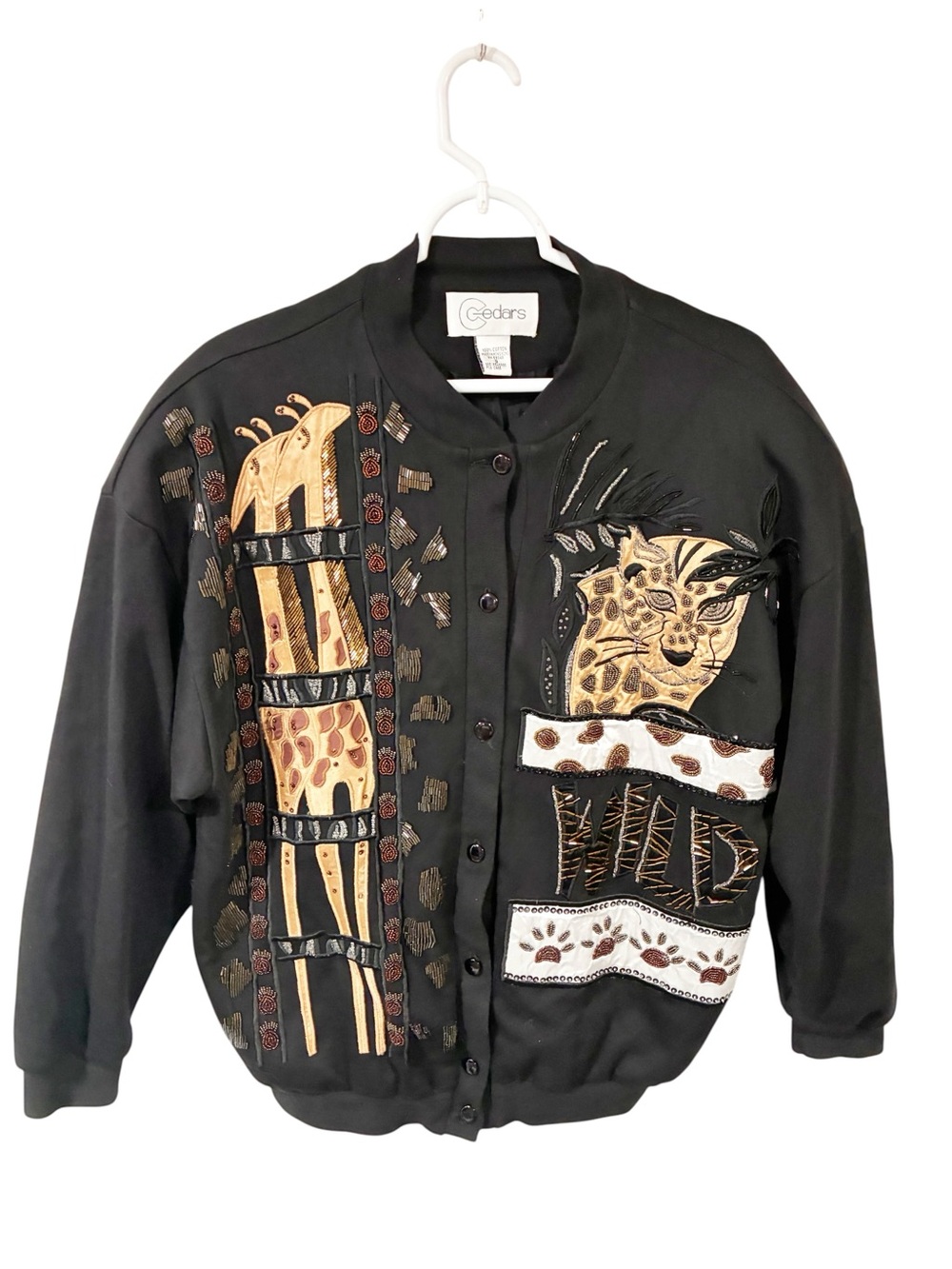Vintage Cedars Wild Safari Animal Beaded Cardigan Giraffe Leopard Black Size 8